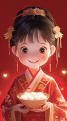 Sticker - a cute cartoon illustration for lantern festival. a chinese girl holding a bowl, tangyuan