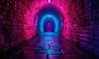 A cyberpunk-inspired neon-lit alleyway, casting vibrant pink and blue hues over wet cobblestones and brick walls.