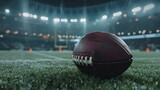 Fototapeta Sport - American Football Kickoff Game Start. Close-up Shot of an American Ball Standing on a Stadium Field Held by Professional Player. Preparation for Championship Game