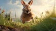 A cute little fluffy rabbit is jumping in a green meadow. Spring flower meadow. Easter holiday.