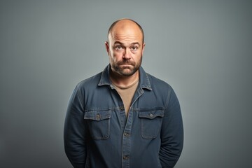 Wall Mural - Portrait of a bald man with a beard in a denim shirt on a gray background