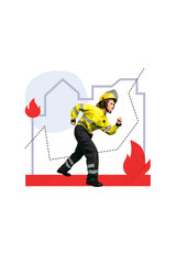 Poster - Collage picture image of professional fireman running save help people burning house isolated on drawing background