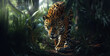 a shot of a majestic jaguar prowling through the undergrowth of the jungle, its powerful presence captured in the dappled sunlight realistic High-resolution photography