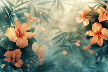 Wall Mural - a tropical floral background with flowers and leaves 