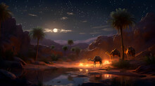Camel Caravan With Camels At Night In Desert   Digital Illustration