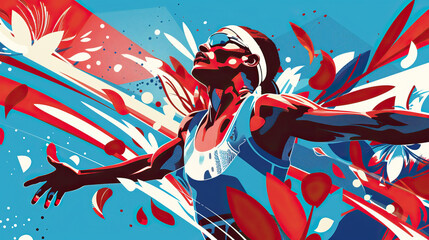 Wall Mural - Concept design for the 2024 Olympics in Paris, France. Elite running athlete in a race, crossing the finish line with open arms. Not an actual depiction of the event. Vibrant, red, white, blue