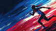 Concept design for the 2024 Olympics in Paris, France. Elite female athlete in a race, running and sprinting towards the finish line. Not an actual depiction of the event. Vibrant, red, white, blue