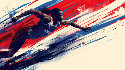 Wall Mural - Concept design for the 2024 Olympics in Paris, France. Elite sprinter athlete in a race, diving across the finish line for first place. Not an actual depiction of the event. Vibrant, red, white, blue
