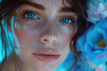 Wall Mural - A close-up of a stunning young brunette lady. Generative Ai.