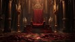 A once noble throne now corrupted the gold and velvet marred by splashes of blood symbolizing a kingdoms fall into tyranny and despair