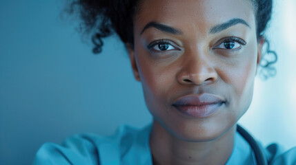 Wall Mural - Close-up portrait of black woman female doctor wearing doctors gown smiling and staring at the camera in a photography studio setting. Isolated shot against modern medical light blue background, bokeh