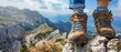 View from mountains - Hiking hiker traveler landscape adventure nature sport background panorama - Close up of feet with hiking shoes from a man standing resting on top of a high hill or rock