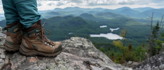 Wall Mural - View from mountains - Hiking hiker traveler landscape adventure nature sport background panorama - Close up of feet with hiking shoes from a man standing resting on top of a high hill or rock