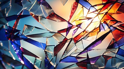 Wall Mural - A photo of a shattered glass window with colorful light reflections. An abstract and edgy pattern of broken glass shards with jagged edges and geometric lines