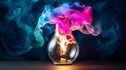 Wall Mural - Color smoke in broken lamp. Ink water. Pink paint fluid shot vapor cloud in crashed glass light bulb on dark navy blue abstract copy space background