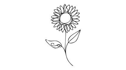 One line sunflower element. Black and white monochrome continuous single line art.