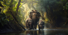 a high-resolution photograph of a family of elephants bathing in a jungle river, splashing water and enjoying a moment of respite.