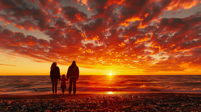 parents and a child, with their backs turned, standing on the beach towards the sunset - AI Generated