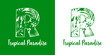 © teracreonte - Logo destino de vacaciones. Mensaje Tropical Paradise con letra inicial R con silueta de plantas tropicales