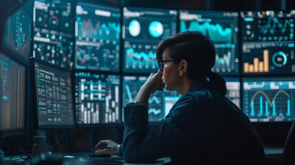 A detailed, hyper realistic photograph of a data analyst deeply engrossed in work. They are surrounded by multiple large computer monitors displaying complex data sets, charts, and graphs.