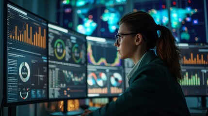 A detailed, hyper realistic photograph of a data analyst deeply engrossed in work. They are surrounded by multiple large computer monitors displaying complex data sets, charts, and graphs.