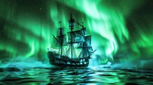 Ghost Ship of the Northern Lights - A mesmerizing 3D illustration of a ghostly pirate ship sailing under the aurora borealis, its sails shimmering with spectral light