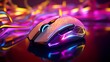 Close-up of a vibrant gaming mouse, its colorful LEDs creating an artistic glow.
