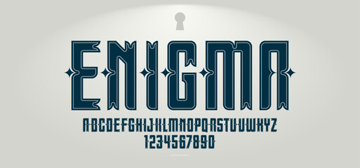 Vintage mystic and secret font for emblems and logos, old ancient display typeface for headers and slogans, poster typography design alphabet letters and numbers.