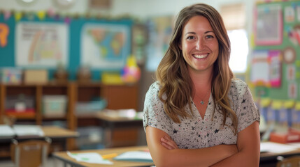 Pretty teacher smiling at camera at back of classroom at the elementary school