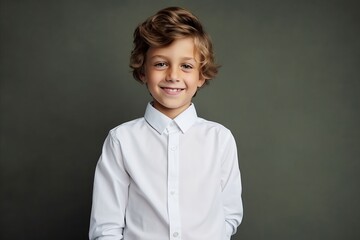 Portrait of a cute little boy with curly hair in a white shirt