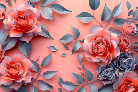 paper floral roses and leaves isolated on a pink back