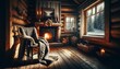 Cozy wooden cabin interior with a lit fireplace, a comfortable chair draped with a blanket, and a warm glow from the window.