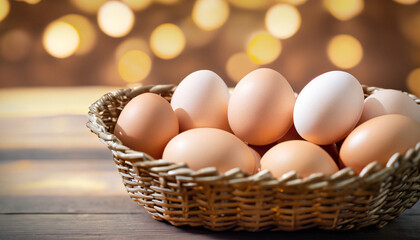 Canvas Print - Chicken Egg in a basket on wooden table with bokeh light as background