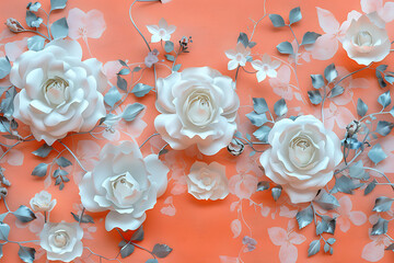 Wall Mural - paper roses on pink background in the style of highly
