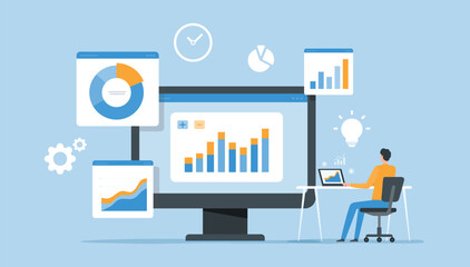 Fototapete - business people working. data analytics . web report graph dashboard monitor. business finance investment planning. flat vector illustration design concept
