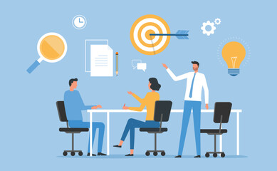 Poster - business people team working meeting planning for business goals. Flat vector illustration design concept
