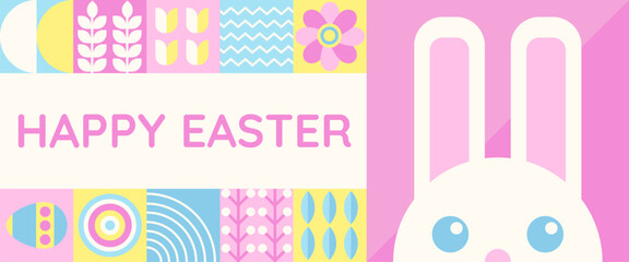 Wall Mural - Happy Easter banner with flat graphic elements and symbols of the Holiday, decorated eggs and bunny, plants drawings. Vector illustration with text greeting.