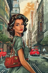 Wall Mural - beautiful young woman in the city, pop art