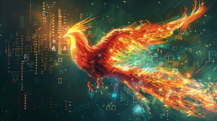 an illustration of a digital phoenix rising from pixelated ashes, incorporating security symbols in its feathers, representing the resilience and regeneration of data security measures.