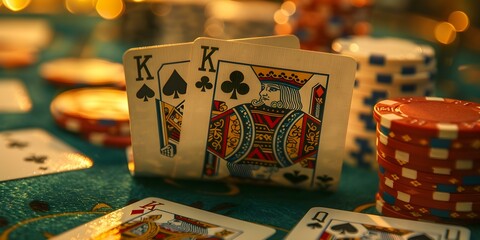 D Rendered Image: Casino Cards - Poker, Blackjack, Baccarat, and Gold. Concept Glamorous Casino Scene, Digital Card Designs, Luxury Card Games, Classic Casino Cards, 3D Rendered Images