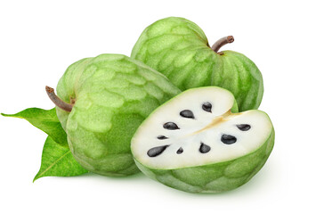 Wall Mural - Isolated cherimoya. Two whole and cut of heart shaped cherimoya (Custard apple) fruits with leaves isolated on white background
