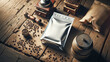 blank mockup bags designed for coffee bean storage, neatly arranged on a rustic wooden table