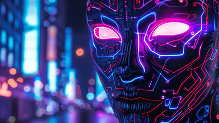 Futuristic Neon Glowing Robot Face Close Up with Urban City Lights Bokeh Background