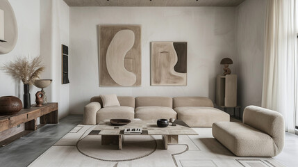 Wall Mural - Modern Elegant Living Room Interior Design with Neutral Tones and Minimalist Artwork