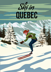 Wall Mural - Vintage Travel poster Ski Quebec resort. Canada winter landscape travel card