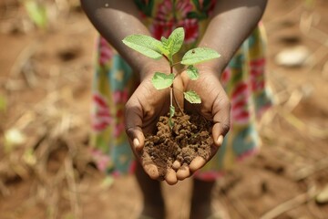 A girl holding a seedling in the dirt, in the style of african influence, verdadism, participatory, kimoicore, unpolished authenticity, light green and brown, World Day to Combat Desertification. 