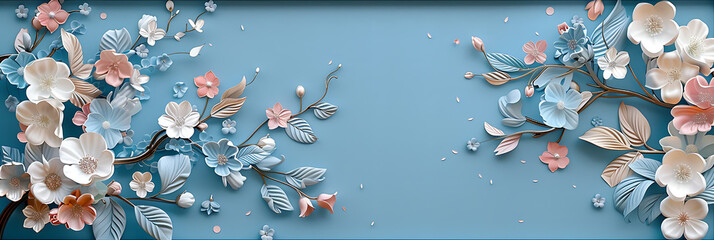Wall Mural - pink white and blue flowers and leaves in a frame on 