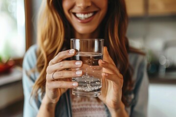 middle-aged woman in casual clothes at home holding pill and glass of fresh water. ai generated