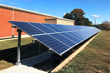 Solar panels farm cell station on a grass field with buildings