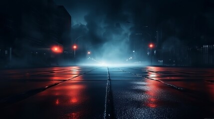 Wall Mural - Dark street reflection on wet asphalt, fog, night city. Rays of neon light in the dark, neon light, smoke. Empty background scene. Abstract dark background